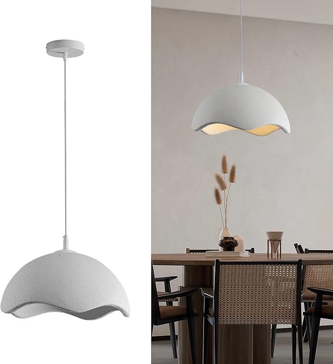 JAYMP 15.7" Modern Pendant Light for Dining Room Kitchen Island Light Hanging Lamp E26 Base Japanese Wabi-Sabi Style Bird Nest Shape Lighting Fixture, 1 Pack (Matte White,D Shape, 40cm/15.7inch)