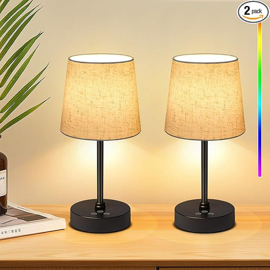 Small Cordless Table Lamp,5000mAh Rechargeable Battery Operated Desk Lamp,3 Colors & 7 RGB Stepless Dimmable, Portable Touch Wireless Lamp for Bedroom,Dining Table,Restaurant 2 Pack (Flaxen)