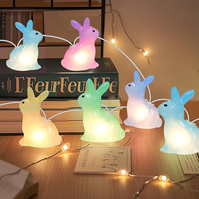 8.5FT Easter Decorations Bunny Lights, 10Pcs LED Pastel Easter Bunny Lights Plug in, Easters Light String for Spring Themed Party Garden Patio Easters Decorations Outdoor Indoor, White Wire