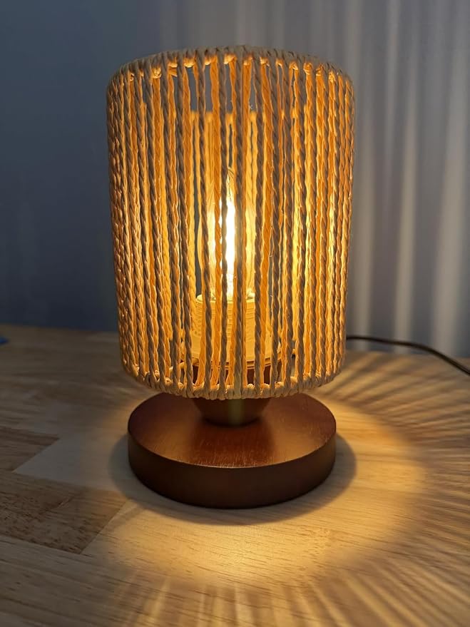 Handmade Rattan Lamp Boho Table Lamp for Bedroom, Stepless Dimming Small Woven Lamps for Night Stands with Warm White LED Bulb, Coastal Boho Lamp for Living Room Reading Nook Office Desk