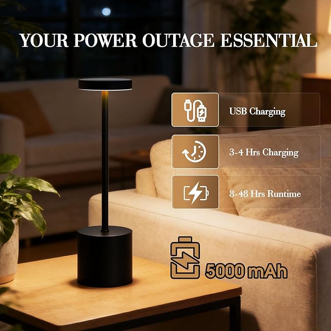 Rechargeable Table Lamp –Outdoor Touch Cordless Desk Lamps, 5000mAh Battery Operated Lamp with 3-Color Dimmable Light, Portable LED Lamp for Bedroom, Dining Room, Patio, Outdoor (Black)