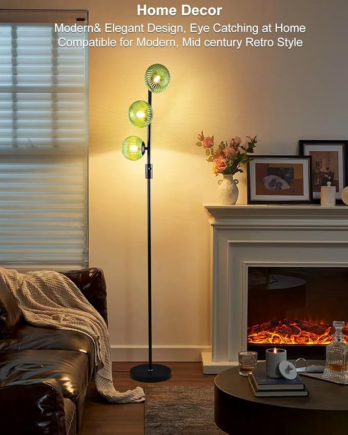 Lightdot Dimmable Floor Lamp for Living Room with 3 Green Glass Globe Shade, Black Pole Standing Lamps with Bulbs Included, Mid Century Modern Floor Lamp for Living Room/Sofa Beside/Corner Decor