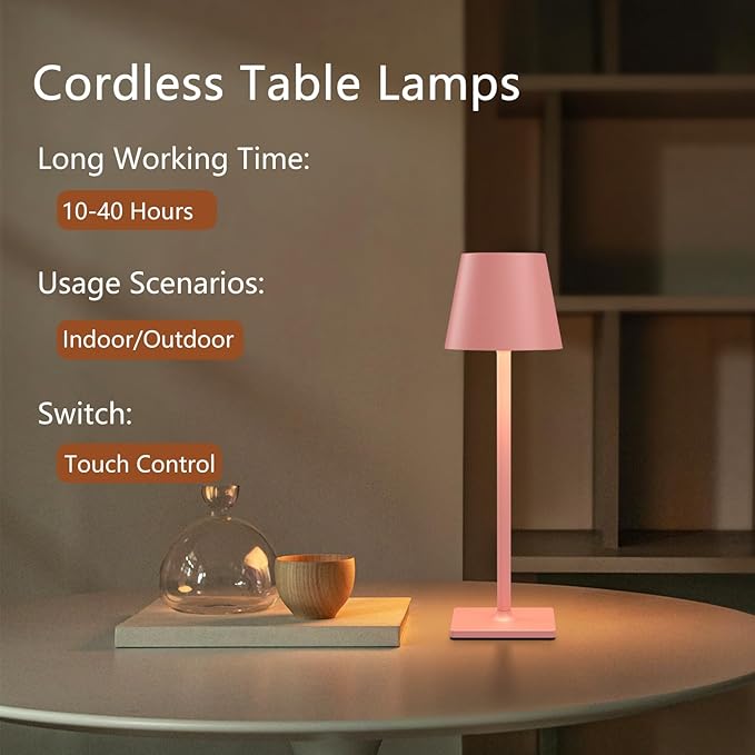 2 Pack Rechargeable Table Lamp - Cordless LED Lamp with 6000mAh Battery Operated LED Desk Lamp, Portable Table Light Outdoor for Dinner Patio Restaurant Bar Bedroom Coffee Shop Night Light(Pink)