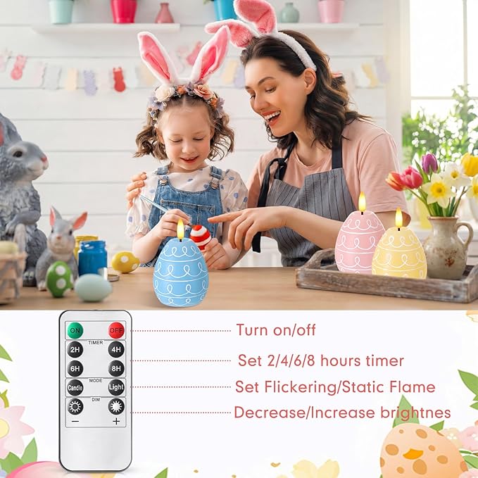 Baquler 3 Pcs Easter Egg Flameless Candles with Timer Egg Shape LED Candle Real Wax Battery Operated Flickering LED Candles Gift No Battery for Easter Party Living Room Home Decor (3 Color)