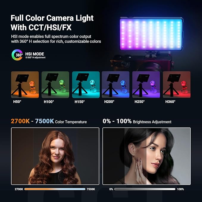 NEEWER Basics Full RGB Camera Video Light with Desk Tripod Stand, 8W CRI97 2700K-7500K 17 Scenes 4000mAh Portable Metal Small LED Panel Lighting for DSLR Streaming Photography Video Recording, SL90C