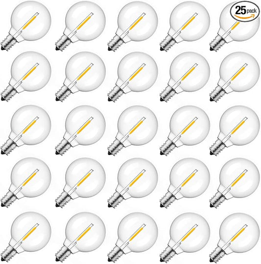 G40 Led Replacement Light Bulbs 1W Shatterproof Globe Bulb fits E12 Candelabra Screw Base, 1.5 Inch Dimmable Light Bulbs for Indoor Outdoor String Lights, Patio Cafe Decor, Warm White, 25 Pack