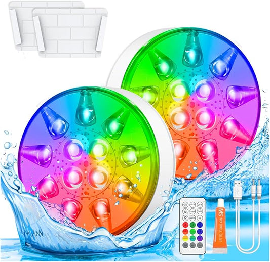 Pool Lights for Above Ground Inground Pool, Underwater Rechargeable Submersible LED Lights with Remote, IP68 Waterproof, Pool Light for Hot Tub, Shower, Vase, Fountain, Aquarium, Bath, Party, 2 Pack