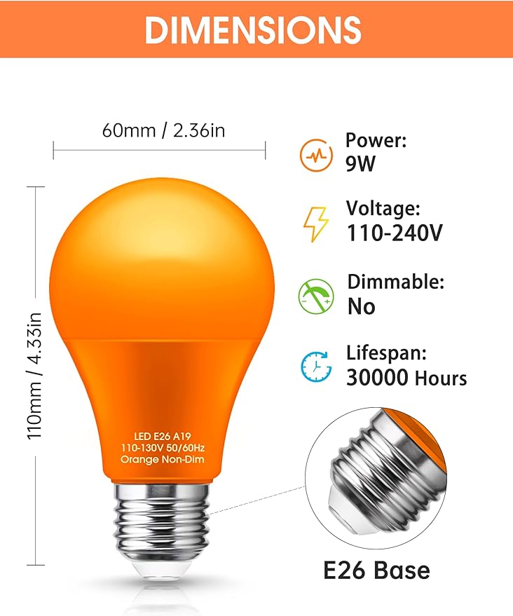 Orange Light Bulbs [4 Pack] - A19 LED Orange Bulbs 9W (60Watt Equivalent) - E26 Base Halloween Light Bulb Outdoor, Colored Light Bulbs for Halloween Christmas Party Porch Home Holiday Decorative