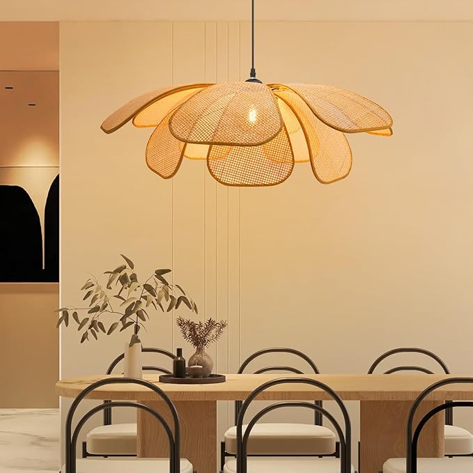 Rattan Pendant Light Boho Chandelier Flower Light Hand-Woven Rattan Hanging Lamp Wicker Chandelier Basket Hanging Light Fixture for Dining Living Room Island Kitchen Bedroom