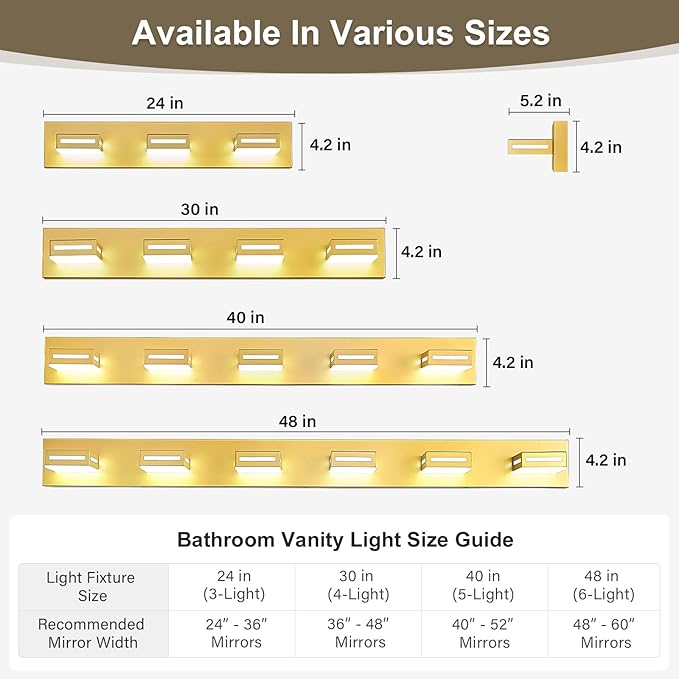48-Inch 6-Light LED Modern Gold Bathroom Vanity Light Fixtures Over Mirror, Bathroom Lighting Fixtures with Cool White 6000K, Vanity Wall Lights for Bath Restroom Powder Room
