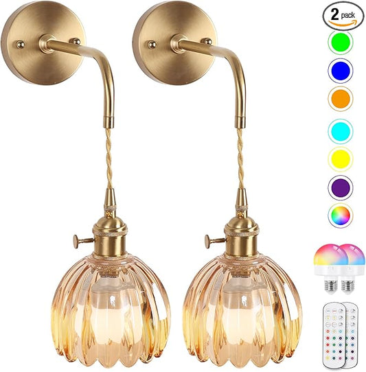 Vintage Battery Operated Wall Sconces Sets Of Two,Indoor not Hardwired Amber Tulip Glass Lampshade Fixtures,Rechargeable Wireless RGB Wall Lights with Dimmable Remote Control,for Bedroom Living Room