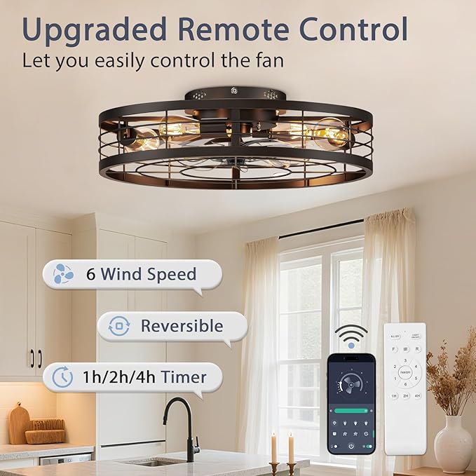 VOLISUN Caged Ceiling Fan with Light and Remote,23.6 inch Fandelier Ceiling Fan with Light Flush Mount, Farmhouse Bladeless Ceiling Fans with Lights for Kitchen,Bedroom
