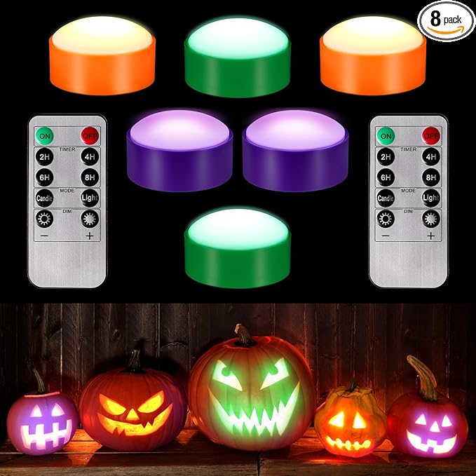 Riakrum 6 Pieces Remote Timer LED Lights with Remote LED Pumpkin Lights Battery Operated Lantern Bright Flameless Candle(Green, Orange, Purple)