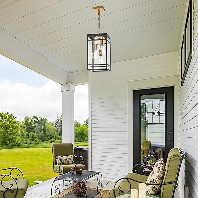 3-Light Outdoor Pendant Lights for Porch, Black & Brushed Brass Outdoor Chandelier 16'' Exterior Hanging Porch Light Fixtures w/Clear Glass, Waterproof Outside Pendant Lantern for Garage