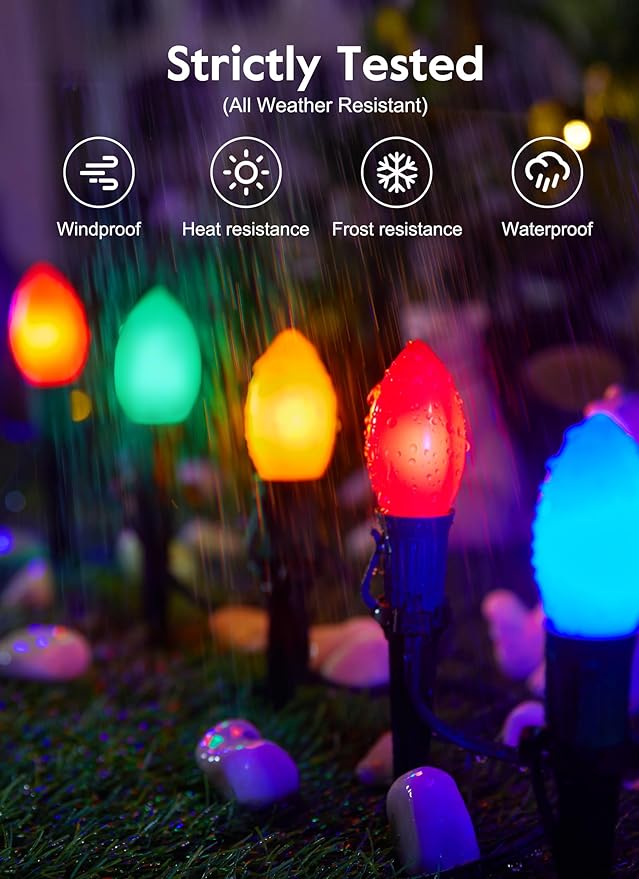 Brightown Frosted C9 LED Christmas Lights Outdoor, 2 Packs Total 64Ft Pathway Lights with 50 LED Bulbs and Stakes, Multicolor Christmas Decorations for Outside Driveway, Walkway, Sidewalk