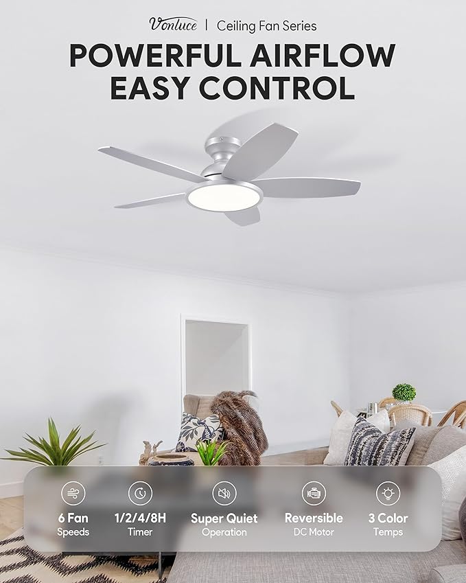 VONLUCE Ceiling Fans with Lights, 42 Inch Ceiling Fan and Remote, Full-Spectrum LED Light, 3CCT, 6-Speeds Noiseless Reversible DC Motor, Modern Flush Mount Ceiling Fan for Farmhouse Bedroom Indoor
