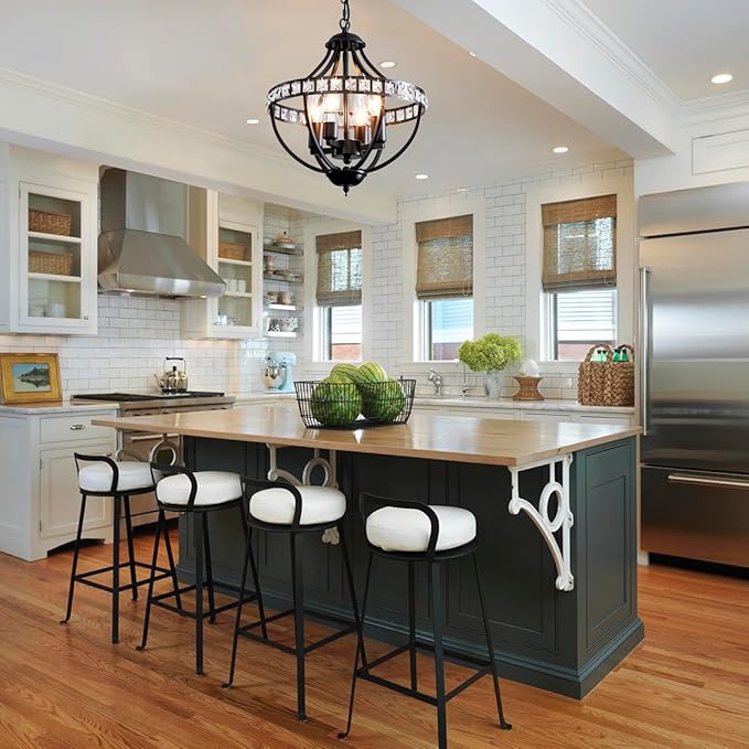Crystal Chandelier Light Fixtures, 4-Lights Farmhouse Rustic Vintage Black Pendant Hanging Lighting Ceiling Chandeliers for Kitchen Island Dining Room Living Room Bedroom Foyer Hallway