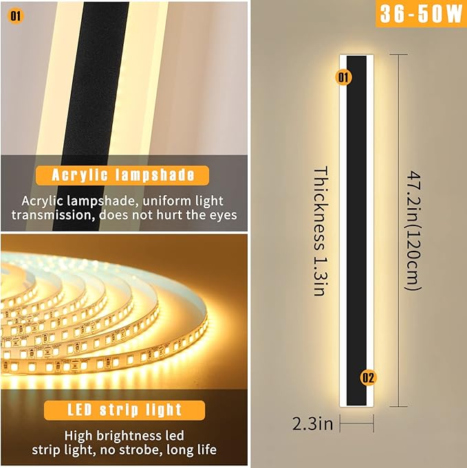 Modern 47inch Outdoor Wall Light, 3000k/4500k/6000k 3 Color Change Black Exterior Light Fixtures Wall Mount, Ip65 Waterproof Modern Porch Lights Non-Dimmable, Long Linear Outside Lighting Hard-Wired