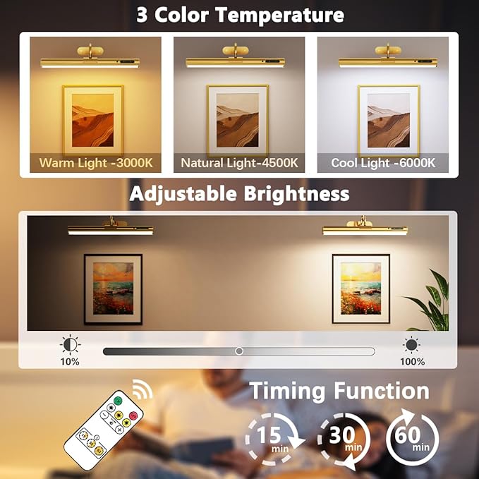 Wireless Rechargeable Picture Light, Battery Operated Art Wall Sconce with Remote Control, Magnetic Dimmable LED Picture Frame Lighting for Paintings Mirror Portrait Gallery Dart Board Indoor - Brass