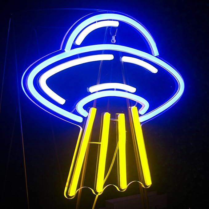 LUCUNSTAR UFO Neon Sign For Room Alien LED Neon Light Spaceship Dimmable Space Neon Signs for Wall Decor Blue UFO Neon Light Up Sign for Bedroom Game Room Wall Decor Ufo Lovers