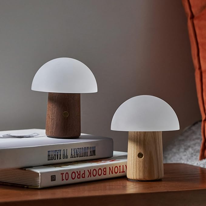 Gingko 7 Colour Changing RGB Alice Mushroom Lamp, Long Life Battery, USB-C Charging, 3 Light Modes, FSC Certified Wood with Frosted Glass, Touch Button Control (Mini, White Ash)