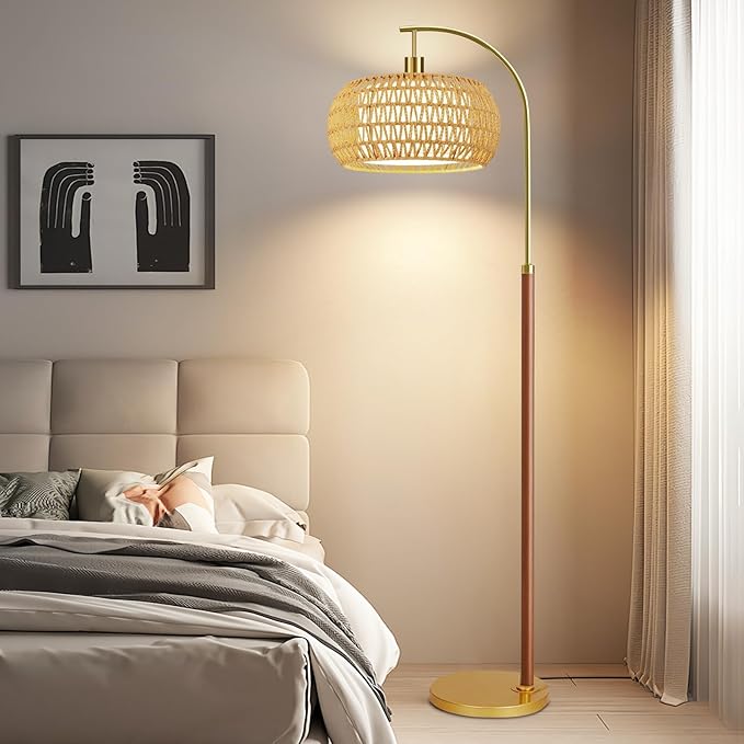 Wood Arc Floor Lamps for Living Room,Boho Rattan Floor Lamp with Remote Control & 3 Color Temperatures,Dimmable Mid Century Modern Standing Lamp Farmhouse Vintage Tall Floor Lamp For Bedroom Corner