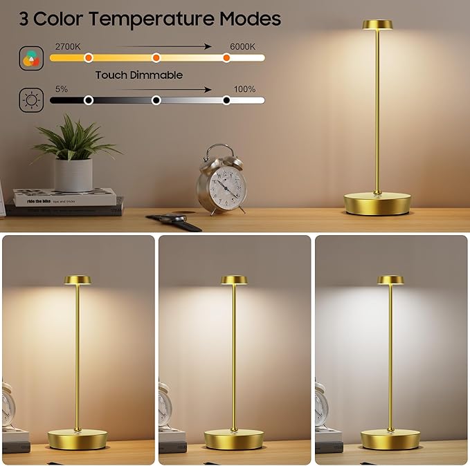 Cordless LED Table Lamp，Rechargeable Battery Desk Lamps, 3 Color Stepless Dimmable Metal Battery Table Lamps, Portable Waterproof Table Light for Indoor/Outdoor/Restaurant (Brass)