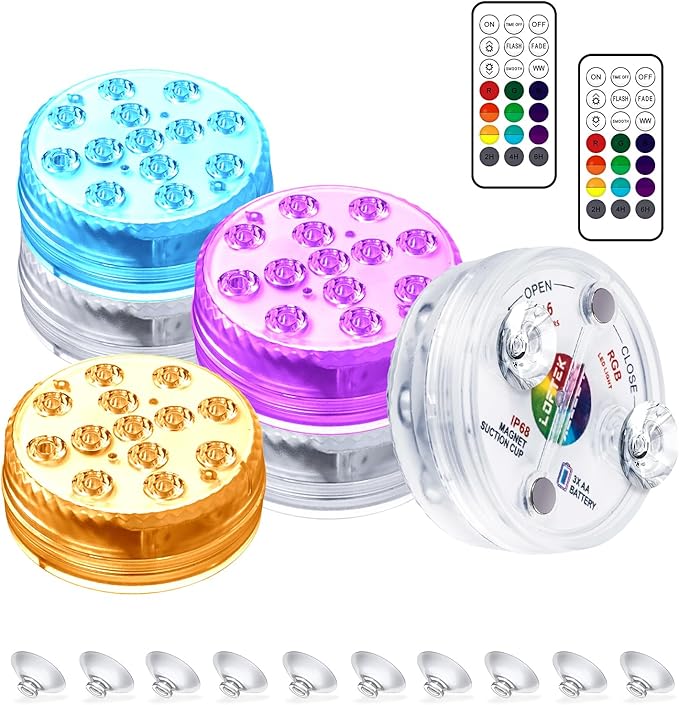 LOFTEK Submersible LED Lights with Remote, 13 LED Pool Lights for Inground Above Ground Pool with Magnets &Suction Cups,16 Color Changing Underwater Light for Ponds Battery Operated, 6 Pack