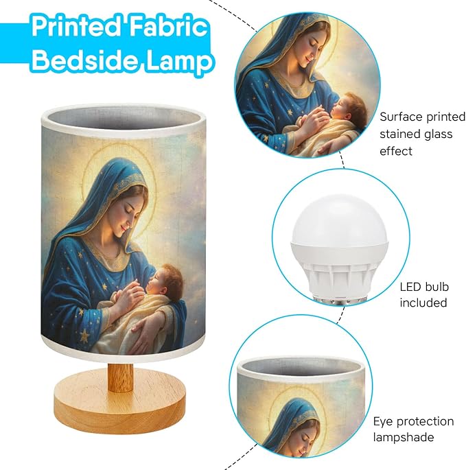The Virgin Mary Holding Baby Jesus Table Lamp LED 3-Color Pressed Bedside, The Virgin Mary Holding Baby Jesus Shade Lamp with Wood Base for Bedroom Living Room Desk Office TL01