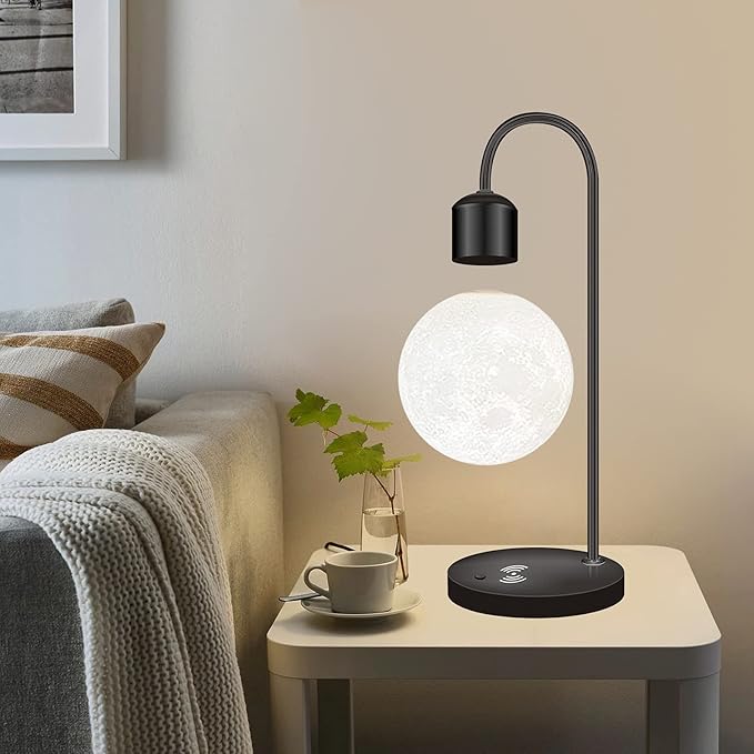 Unique Modern Levitating Lamp with Floating Light and Built-in Qi Wireless Charger, Simplistic and Innovative Design, Warm Decorative Night Light (Black Moon)