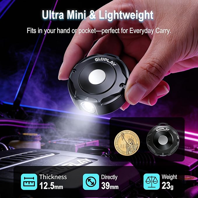 G1 Mini Keychain Flashlight Rechargeable,Small Powerful EDC Pocket Flashlight with White & RGB Side Light,Magnetic,Carabiner Clip,IP67 Waterproof Aluminum LED for Camping & Hiking (Black)