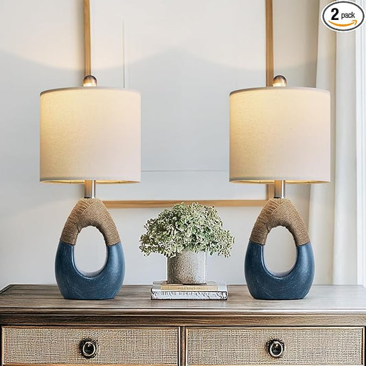 OYEARS 19" Boho Bedside Lamps Set of 2, Suitable for Small Spaces, Blue Table Lamps for Living Room & Coastal Farmhouse End Tables