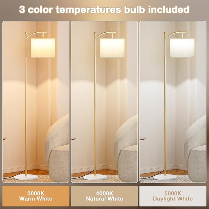 Ambimall 60" Floor Lamps for Living Room with 3 Color Temperatures, Gold Standing Lamp with White Marble Base, Modern Tall Lamps for Bedroom Office, 9W LED Bulb Included