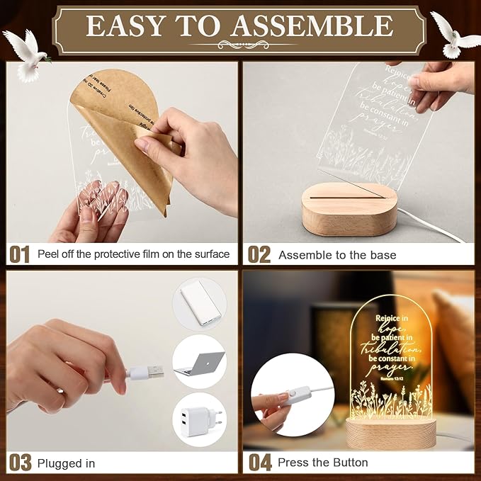 6 Pcs Christian Acrylic Night Light Bulk Mothers Day Religious Faith Church Gifts for Women Ladies Group Bible Verse Scripture LED Lamp with Wood Base for Easter Decor Men Clergy Pastor