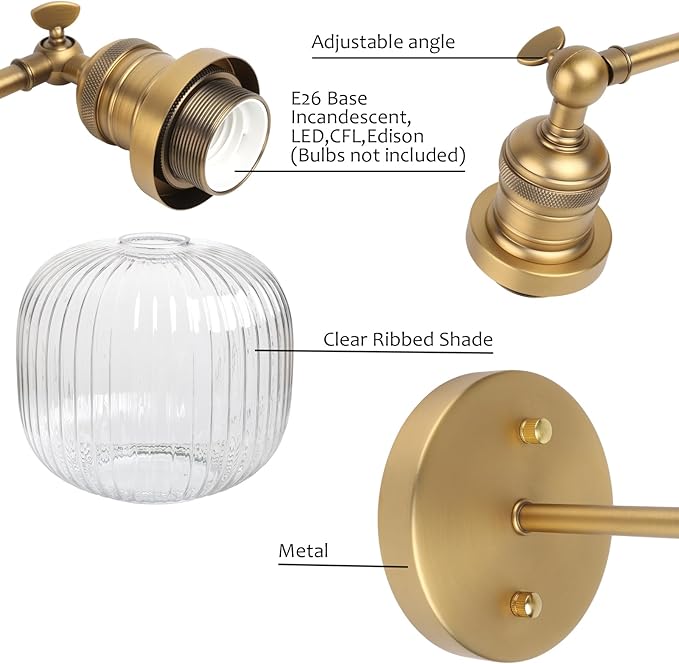 Pathson Modern Wall Sconce Lamp Clear Striped Round Glass, Hardwired Vintage Wall Vanity Light Fixture for Farmhouse Living Room Bedroom Bathroom Loft