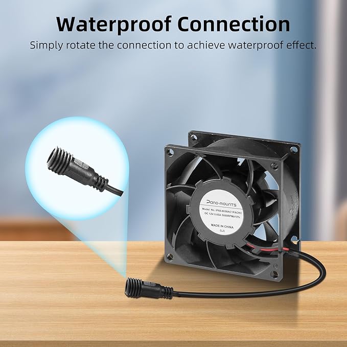 PANO-MOUNTS 80mm 3.15inch Dual Ball Upgraded IP68 Waterproof Cooling Fan -Max 5000RPM with Stepless Speed Controller for DIY Ventilation Exhaust Projects