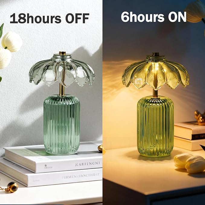 MJ PREMIER Cordless Lamp, Battery Operated Lamp with Timer, Crystal Glass Flower Lampshade, Small Table Lamps, Decorative Led Light for Bedroom Living Room Shelf (S-Green)