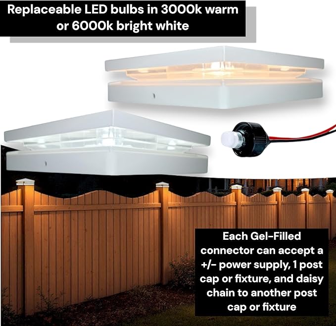 DekLights® DIY Line LED Lighted Post Cap for 6x6 Wood Posts (True 5.5x5.5). Our 12volt Low Voltage with Replaceable LED Bulb. for Your 6x6 Fence Posts (White Cap 3000k Bulb)