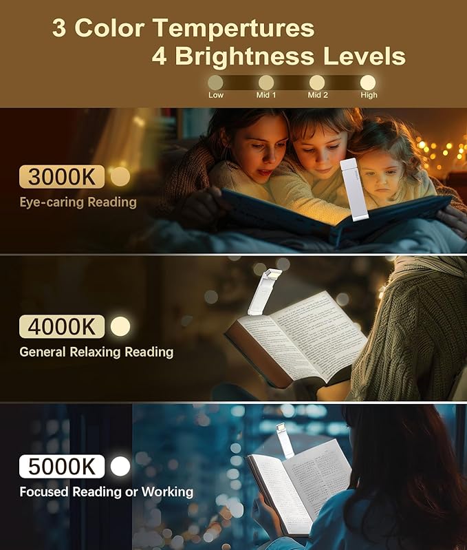 VTIGER Reading Light, USB Rechargeable Book Light for Reading in Bed,Foldable Clip-on LED Booklight, 3 Amber Colors & 4 Brightness Dimmable,Long Lasting Portable Bookmark Lamp for Book Lovers, Kids