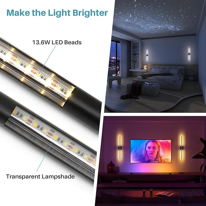 Removable 10000mAh Battery Operated 2 Pack Wall Sconces Lamps Remote Control & 4 Pack Batteries 31.5’‘ Rechargeable Dimmable Black LED Wireless 13.6W Wall Lights for Living Room Bedroom Picture Foyer