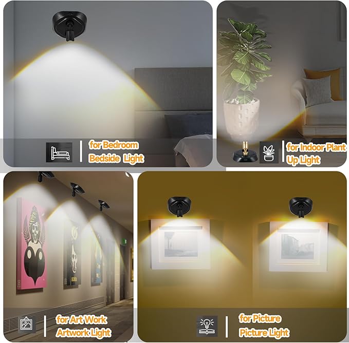 Wireless LED Spotlight Indoor with Remote Up Lights Indoor, Battery Powered Picture Lights, Rechargeable Spot Lights with 3CTT, Dimmable Timer Art Lights Accent Uplighting for Plant Wall, 2 Pack