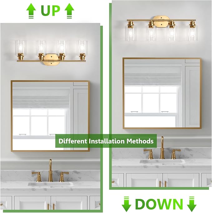 Ascher 4-Light Bathroom Light Fixtures, Modern Vanity Lights Over Mirror, Gold Wall Lamp with Clear Glass Shade for Bathroom Mirror Hallway Cabinet Porch Living Room