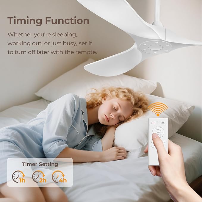 Ceiling Fan Without Lights,Outdoor Ceiling Fan with Remote, 6-Speed Adjustable Reversible DC Motor for Patio & Living Room (White, 52 in)