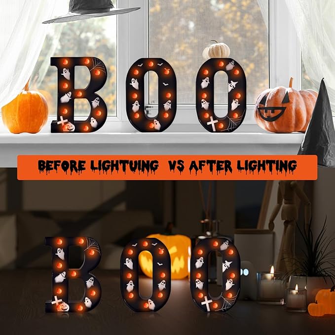 Halloween Lights Indoor Decorations - Battery Operated Boo LED Letters for Wall, Home, Party Room Halloween Decor