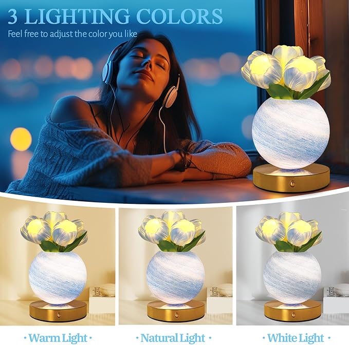 Tulip Table Lamp, Rechargeable Cordless Touch Dimming Artificial Tulip Flower Desk Lamp, LED Flower Bedside Night Light Romantic Gifts for Girl Women Mom (Blue Tulip)