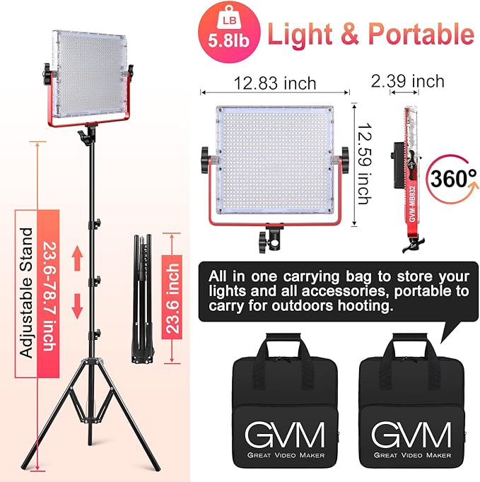 GVM 2 Pack of LED Video Light Kit, 50W Dimmable Bi-Color Photography Lighting, 3200K-5600K, 832Pcs LED Beads, 25000lux/0.5m, Intelligent APP Control