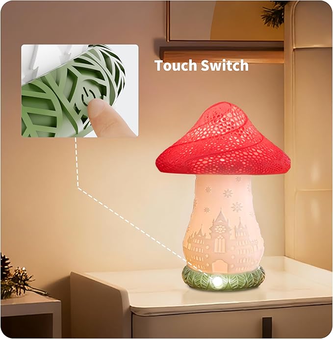 Cordless Mushroom Lamp - Rechargeable Touch Lamp for Nightstand, 3 Color Temperature Bedside Lamp with Rotating Castle Shade, Battery Operated Small Lamp for Bedroom, Nursery, Kids Room