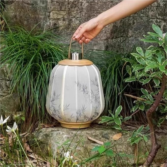 Simple Rechargeable Lantern Table Lamp with Touch Switch, Retro Chinese Small Night Light with Portable Handle, Elegant Decorative Fabric Nightstand Lamp for Bedroom Living Room(Beige)