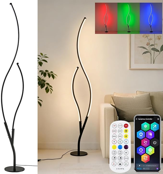 DAYCENT RGBWIC Floor Lamps Modern Smart Corner Lamp with APP and Remote 1500 Lumen LED Lights with Music Sync, 16 Million DIY Colors, Scene Modes Ambience Light for Bedroom Living Room Black