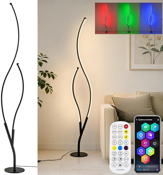 DAYCENT RGBWIC Floor Lamps Modern Smart Corner Lamp with APP and Remote 1500 Lumen LED Lights with Music Sync, 16 Million DIY Colors, Scene Modes Ambience Light for Bedroom Living Room Black